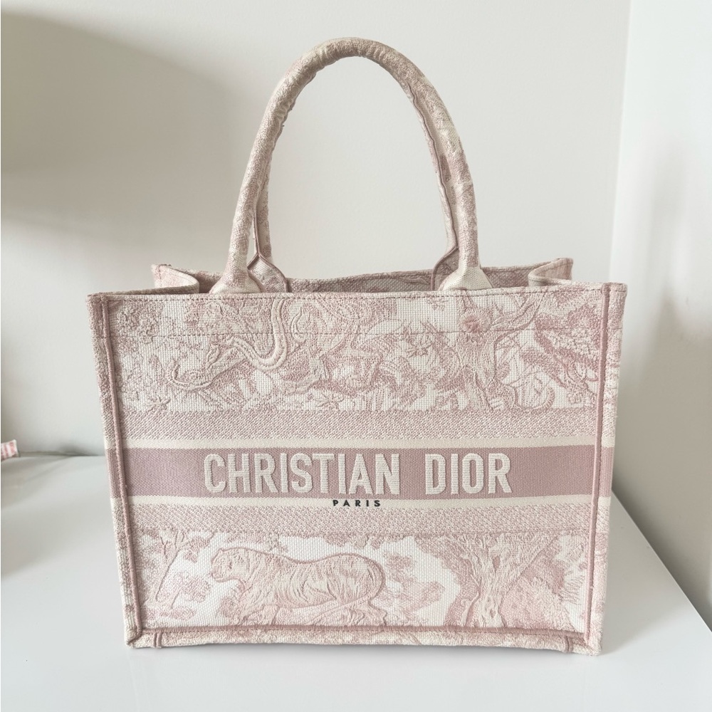 Dior Medium Book Tote in Ecru and Pink Toile de Jouy Embroidery